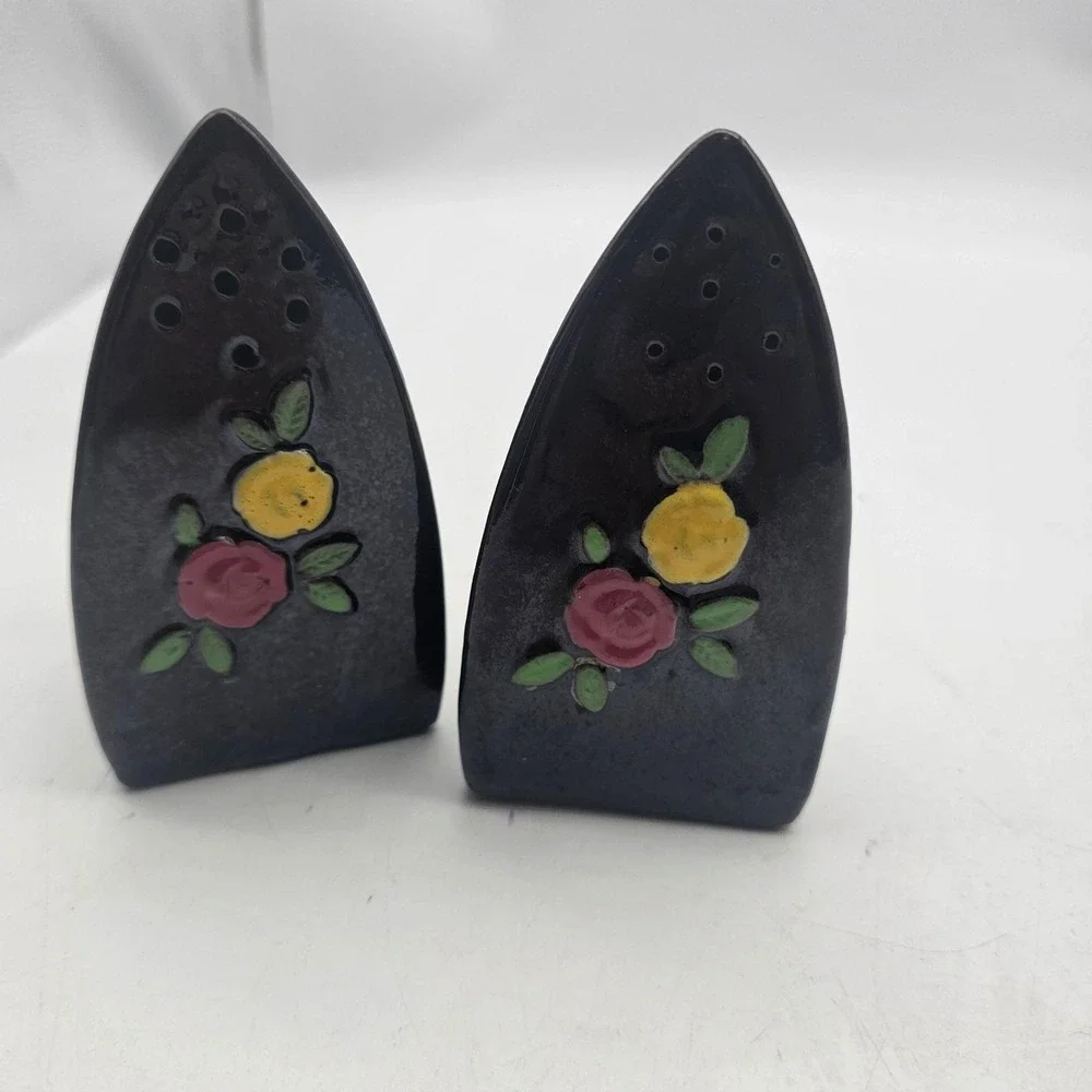 Vintage Black Ceramic Iron Salt & Pepper Shakers Floral Roses Small Set Of 2